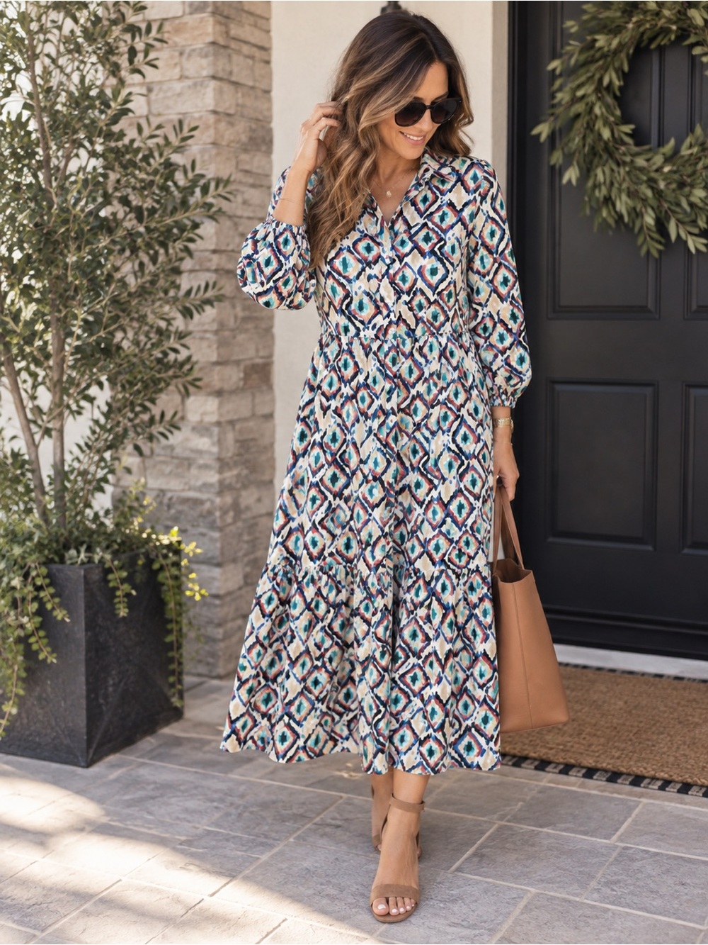 Anthropologie Maeve Bettina Tiered Midi Dress L Ikat Boho Cotton Shirt Dress